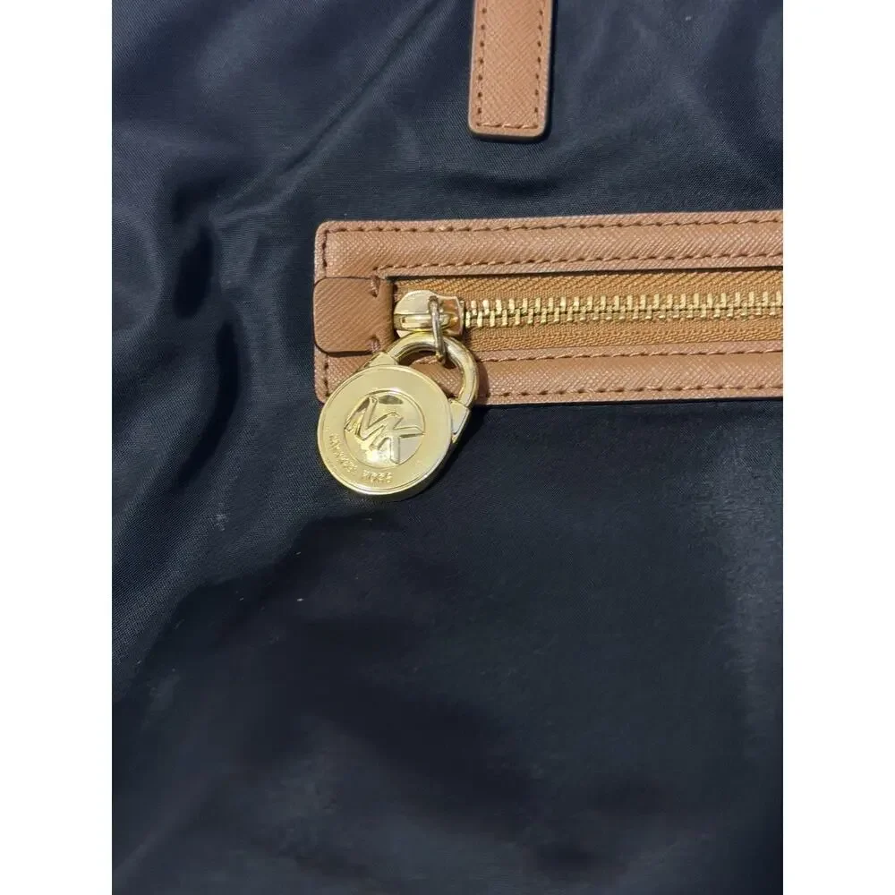 Michael Kors Nylon Tote Bag Black Tan Leather Trim Gold Hardware